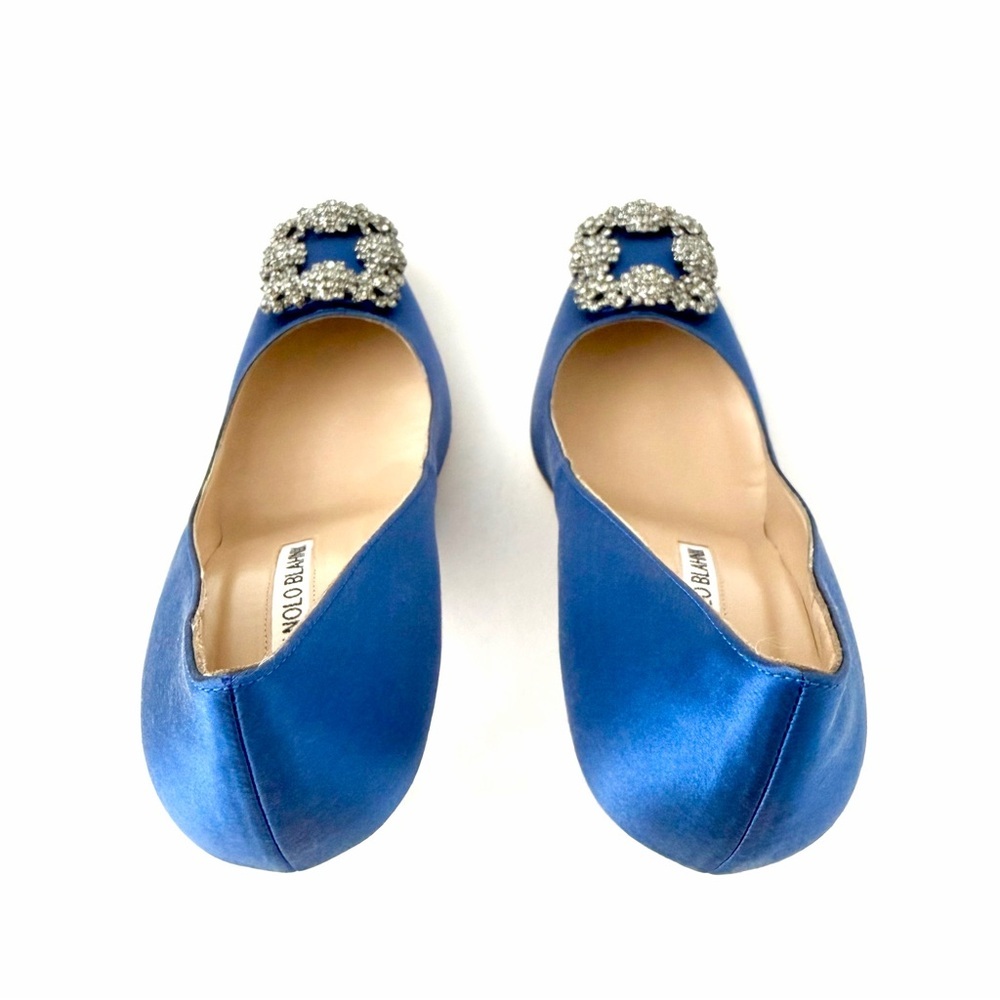 MANOLO BLAHNIK | Hangisi 105 Blue Satin Crystal Jewel Buckle Pumps EU 37 - Picture 10 of 14